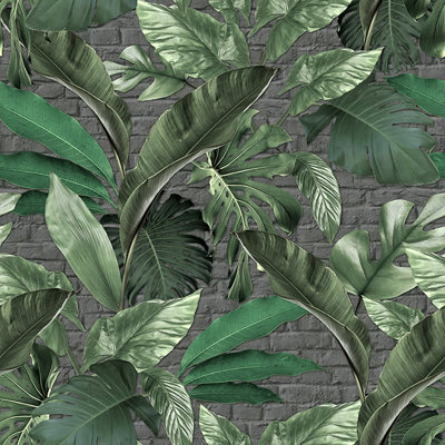 The Loft Collection Tropical Leaf Brick 3-Panel Wall Mural