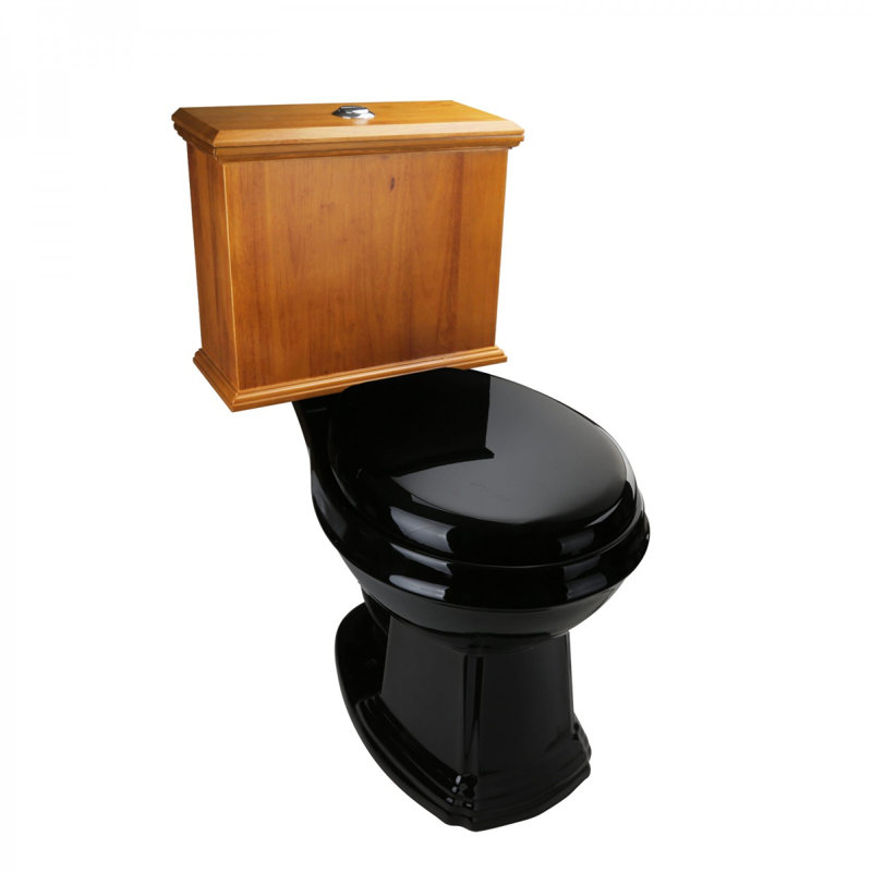 Low Tank Toilet with Light Oak Flat Panel Tank Round Black Bowl, Light Oak/Black