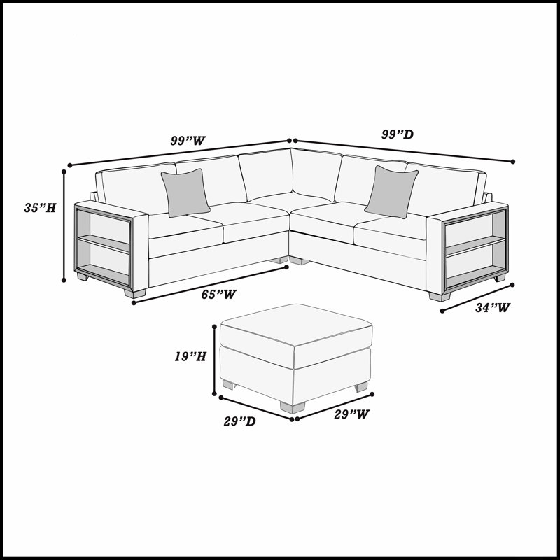 Contemporary Functional Sectional Sofa 4Pc Set With Built-In Shelves, L-Shaped Design, Ottoman, And Modular Flexibility For Modern Living Spaces.