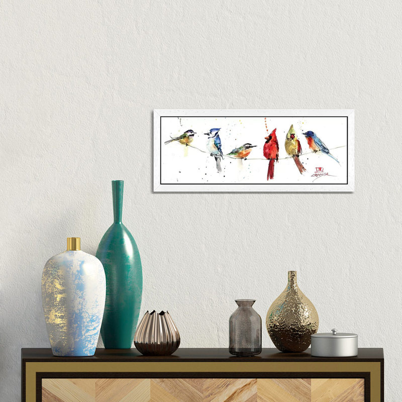 Birds on A Wire 1 Piece Panoramic Painting on Canvas, 30.48 cm H x 91.44 cm W, White Framed