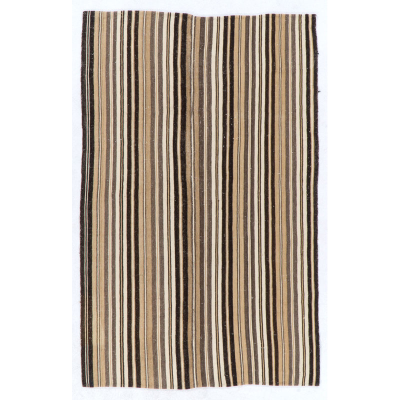 Kilim anatolien central tissé à la main 5,2 x 7,8 pi avec motif rayé, entièrement en laine