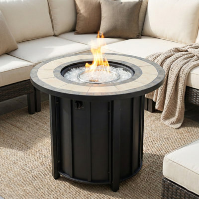Outdoor Round Steel Propane Fire Pit Table - 26" H x 30" W, Mosaic Tabletop, Metal Lid, Glass Rocks & Hideaway Gas Tank Area