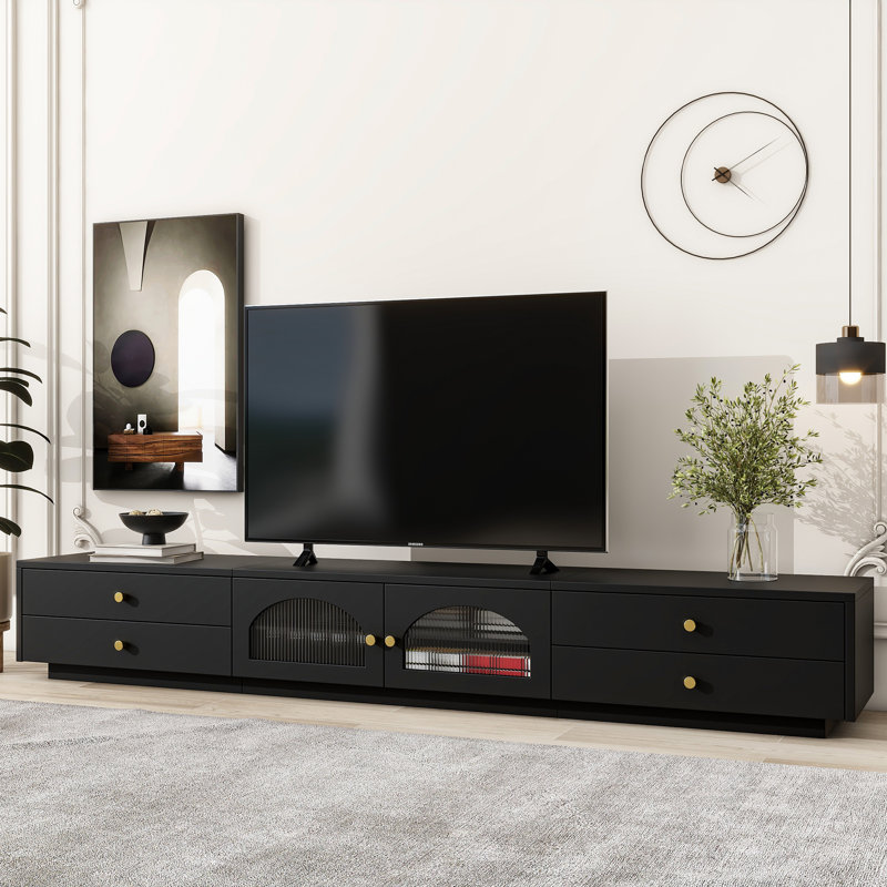 Deran TV Stand with Fluted Glass Doors for TV Up to 95", Black