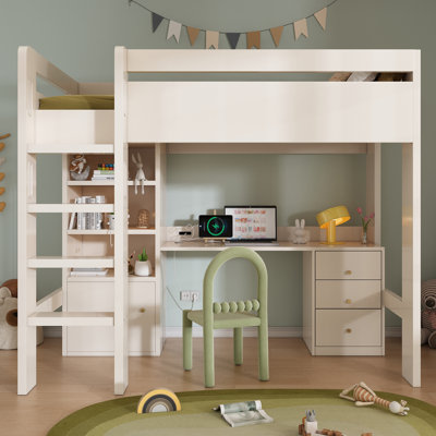 Loft Bed With Desk & Storage - White Space-saving Design, Usb Charging