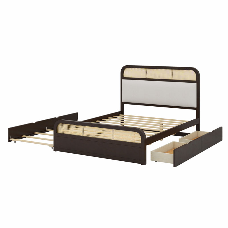 Lit plateforme en bois avec lit gigogne et 2 tiroirs, Espresso