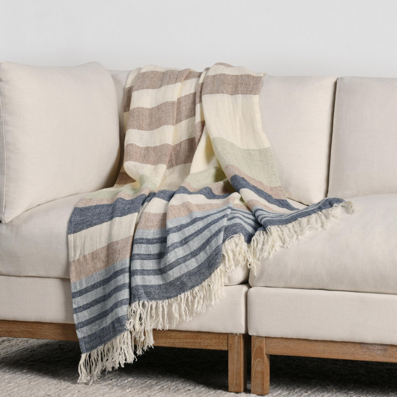 Jeté tissé Crawford, Bleu / brun / beige rayé