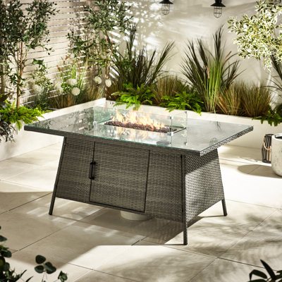 Guyapi Rattan Garden Dining Table With Smokeless Fire Pit Table & 6 Chairs