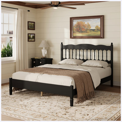Queen Size Countryside Style Wooden Bed Frame, Black Spindle Headboard Platform Bed, No Box Spring Needed