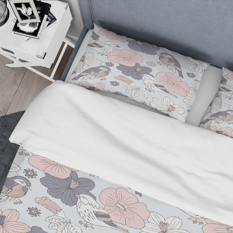 Oiseaux et fleurs gris - Ensemble de housse de couette floral - Polyester en microfibre