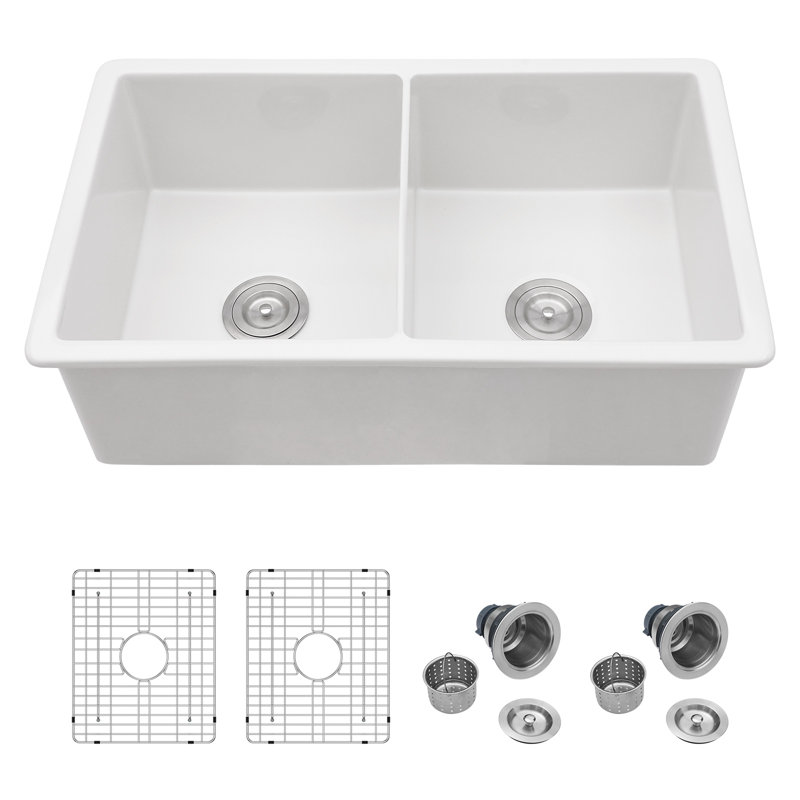 Évier de cuisine double à tablier double L 50 po / 50 po Lofeyo, blanc pur avec accessoires