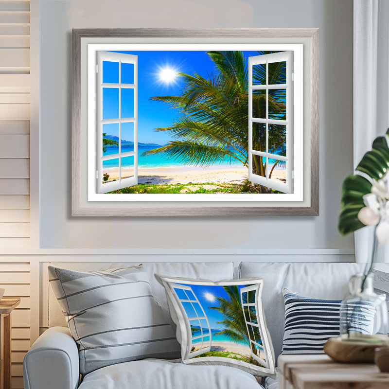 « Window Open to Beach with Palm » - impression d'art mural avec plage, impression sur toile avec plage et palmier, Argent