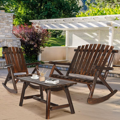  Ensemble bistro en bois 3 pièces, ensemble de chaise berçante Adirondack avec banc à bascule, chaise berçante et table basse, ensemble de meubles de patio en bois, dossier haut et siège à lattes