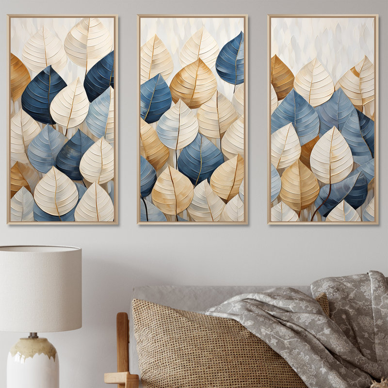 Ensemble de salon mural minimaliste beige et bleu avec feuilles I Collage I, Cadre naturel flottant