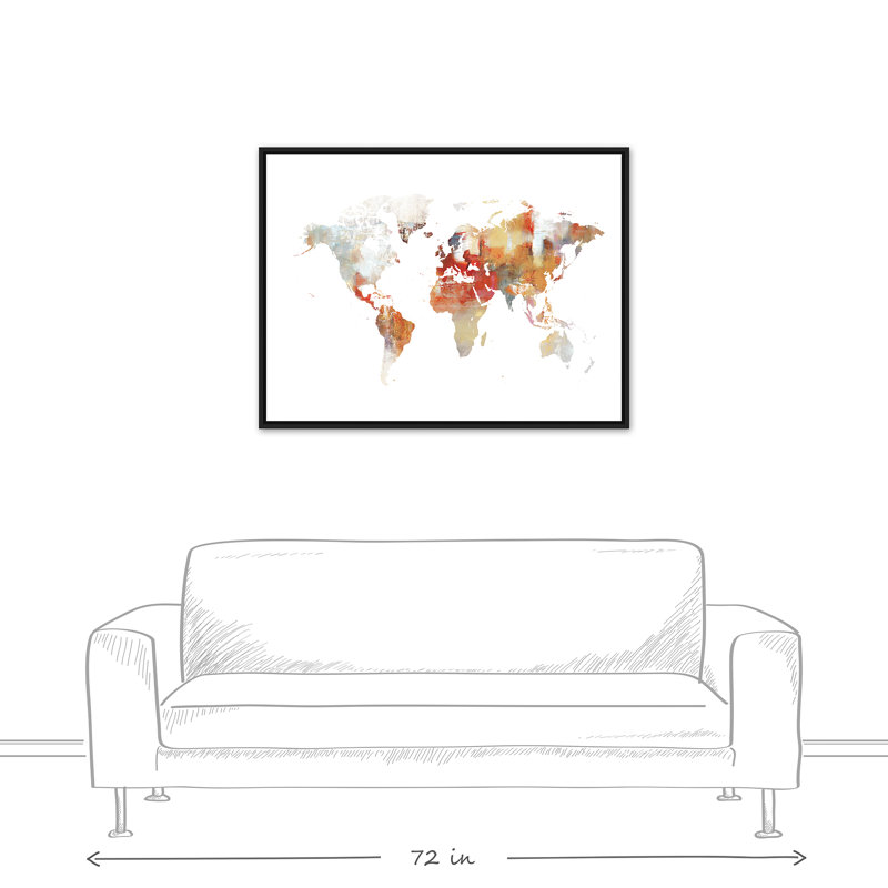 « world map », reproduction de peinture à l’aquarelle sur toile tendue, H 31,75 po x l 41,75 po x P 1,75 po, Cadre noir