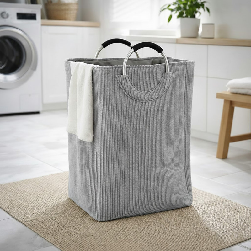 Panier à linge en velours côtelé 55L, Gris clair