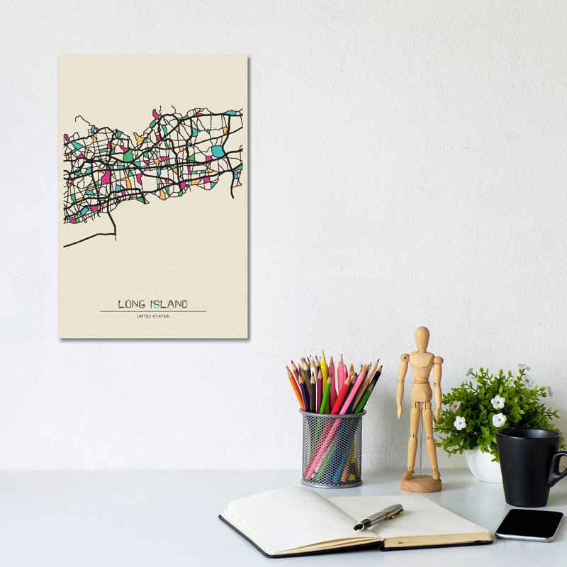 Long Island, New York Map by Ayse Deniz Akerman - Wrapped Canvas Print, 20.32 cm H x 30.48 cm W