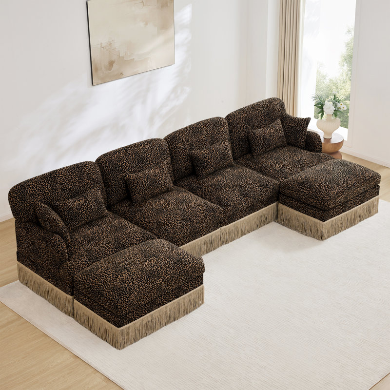 Comfy Chenille Leopard Printing U-Shaped Sofa, 34.6" H x 131.5" W x 55.4" W, Brown