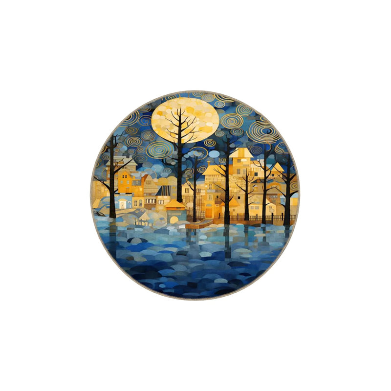 Modern Forest And Moon Patterned Woven Floor Carpet, Rectangle 3'4" x 6'7"
