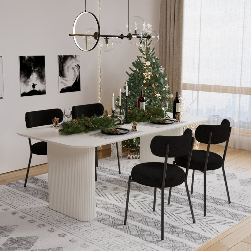 Rectangle Double Pedestal Dining Set with Cream Style Dining Table, 5, Black, White