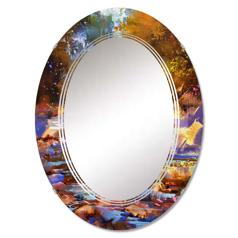 Fall River Lines avec des pierres colorées en forêt - miroir mural traditionnel ovale, 36 po x 24 po