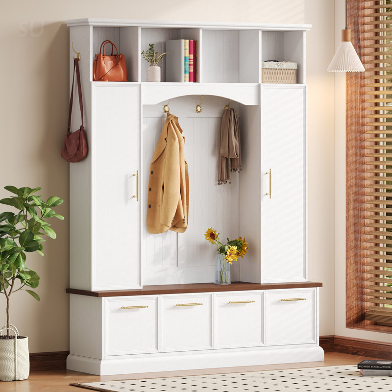 4-IN-1 Elegant 59 Inch Wide Hall Tree With Golden Hooks & Handles, Practical Entryway Walnut Bench With Adjustable Shelves, 76.7 Inch High Farmhouse Wooden Style Coat & Shoe Rack