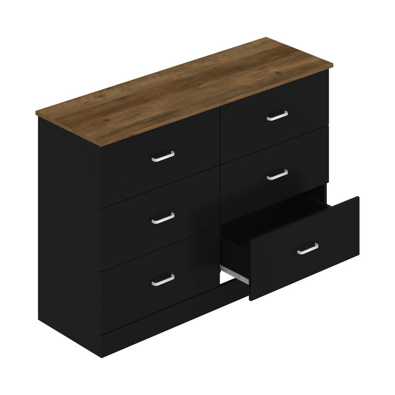 Commode 6 tiroirs Allyannah, Noir / chêne noueux