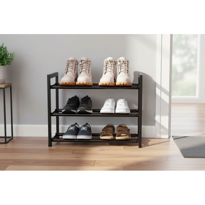 Black Metal Three-Tier Telescopic Shoe Rack, Height Adjustable From 18 To 33 Inches. A Storage Solution For Small Spaces Like Wardrobes Or Front Doors.