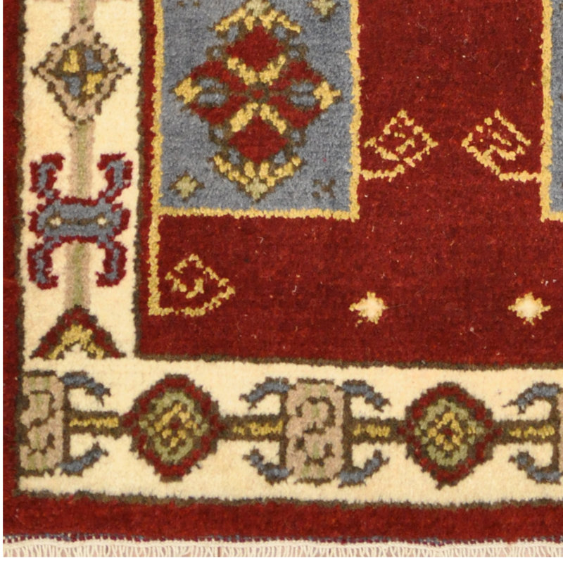 Tapis beige / rouge en laine noué à la main de conception unique 2 pi 1 po x 4 pi 1 po Fakieh