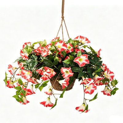 1Pcs Primrue Artificial Outdoor Flowers with Hanging Basket, Hanging Planters Faux Silk Morning Glory Flowers for Spring Summer Front Porch Garden Patio Home Decor,Faux Silk UV Resistant Outdoor Plants for Front Porch, Garden, Patio, Balcony Decor