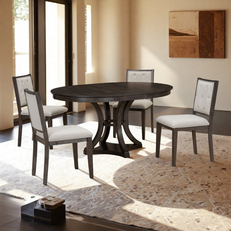 Ensemble de table de salle à manger extensible 5 pièces avec 4 chaises rembourrées, table de cuisine en bois et ensemble de chaises pour 4 à 6 personnes