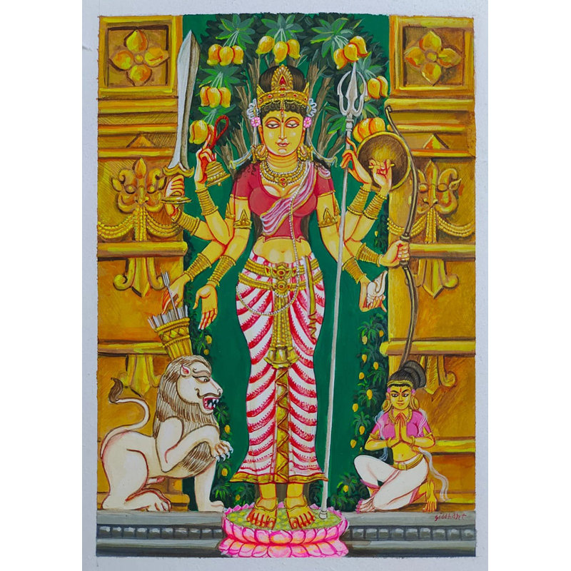 Ashta Bhuja déesse Durga avec dévot | Gouache sur papier | Par Siddhant Thapan