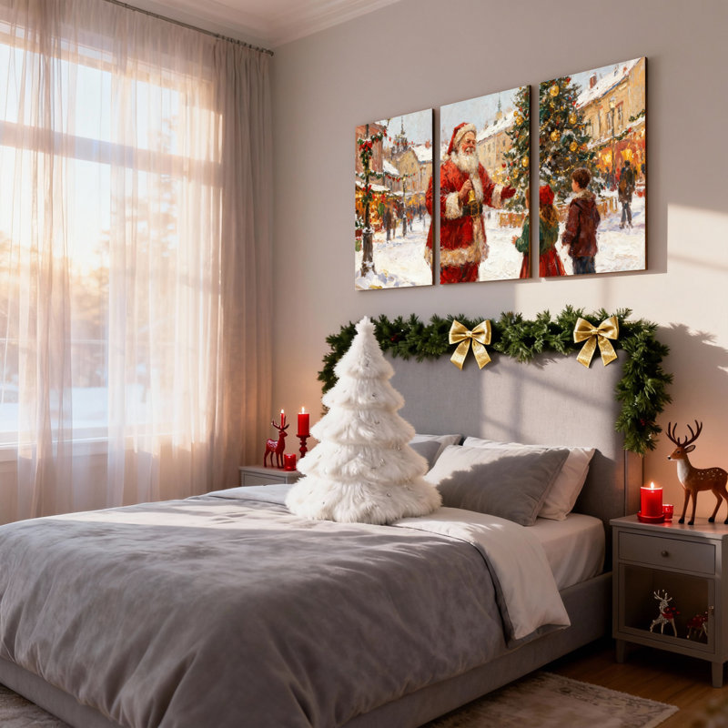 Ensemble de 3 décorations murales de Noël, père Noël, marché de Noël, scène enneigée, arbre, enfant, H 30 po x l 60 po
