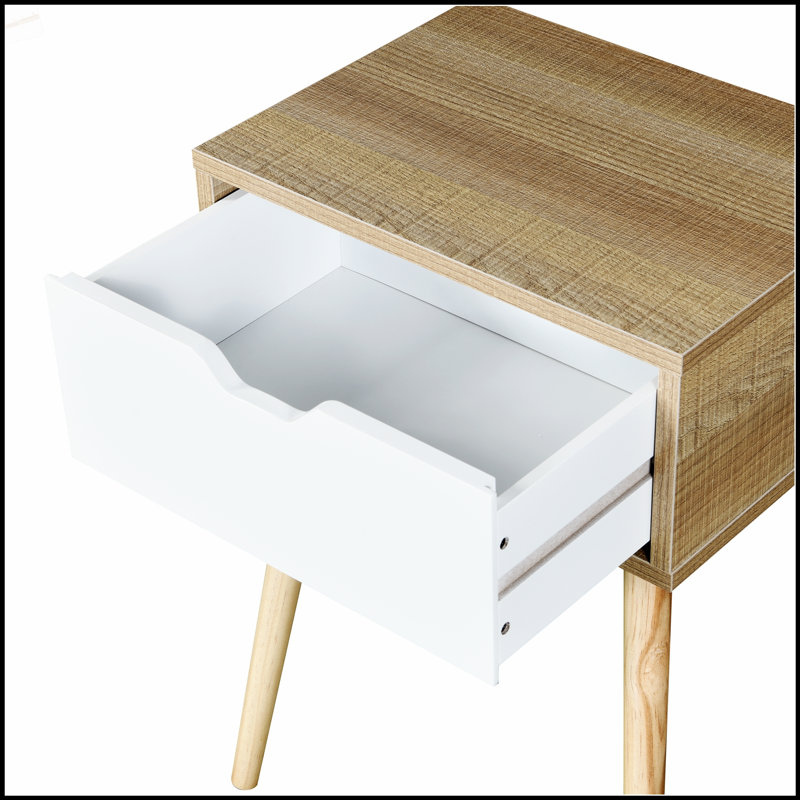 Table d'appoint blanche moderne Mid-Century avec 1 tiroir et pieds en bois d'hévéa robustes pour un rangement élégant