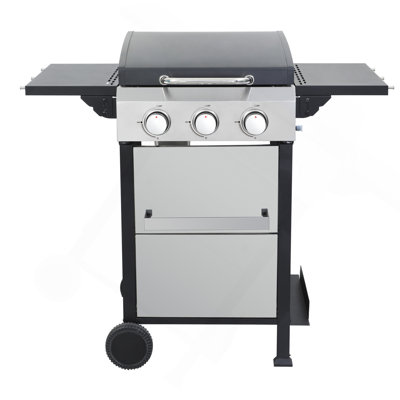 3-Burner Propane Gas BBQ Grill, SS Plancha, 36900BTU Output With Wire Enamel Cooking Grids For Outdoor Barbecue, Foldable Side Table, Hanging Basket, Stainless Steel