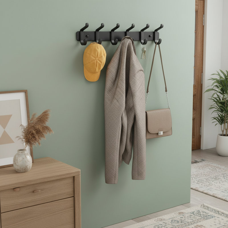 Black Wall-Mounted Heavy-Duty Metal Hanger (1-Pack) Comes With 6 Hooks. It Can Hang Hats, Clothes, Bathrobes, Keys, Backpacks, Bathroom Towels, Coats And Wallets, And Is Suitable For Wardrobes, Foyers, Entryways And Mudrooms.