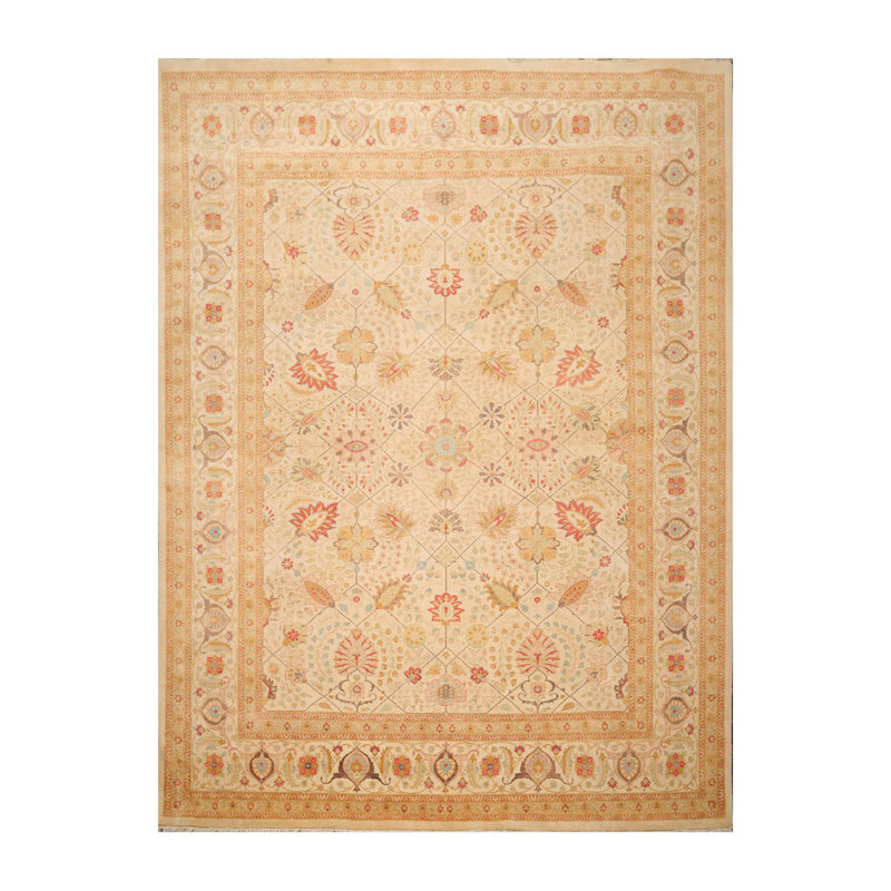 Handmade 9'1" x 11'10" Beige and Red Wool Oriental Rug