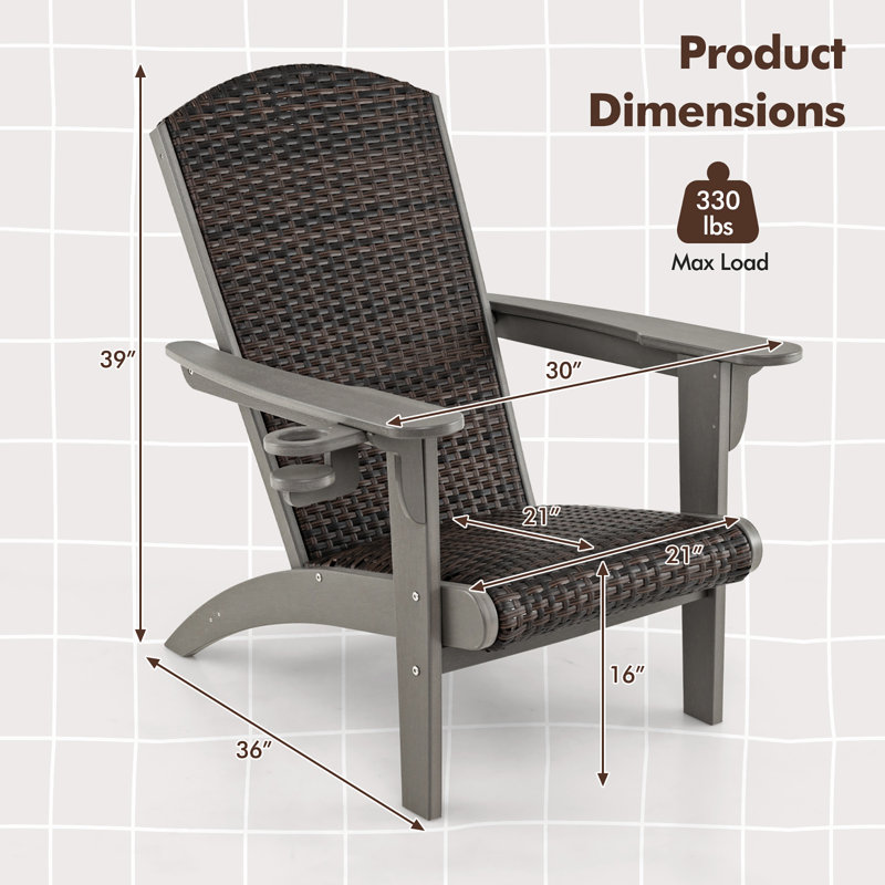 Set of 4 Adirondack Chair w/ Rattan Padded Seat & Back Wide Hidden Cupholder Patio, Gray