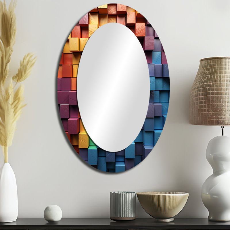 Rainbow Cubic Wood Spectrum - Grand miroir mural ovale sur métal, H 36 po x l 24 po