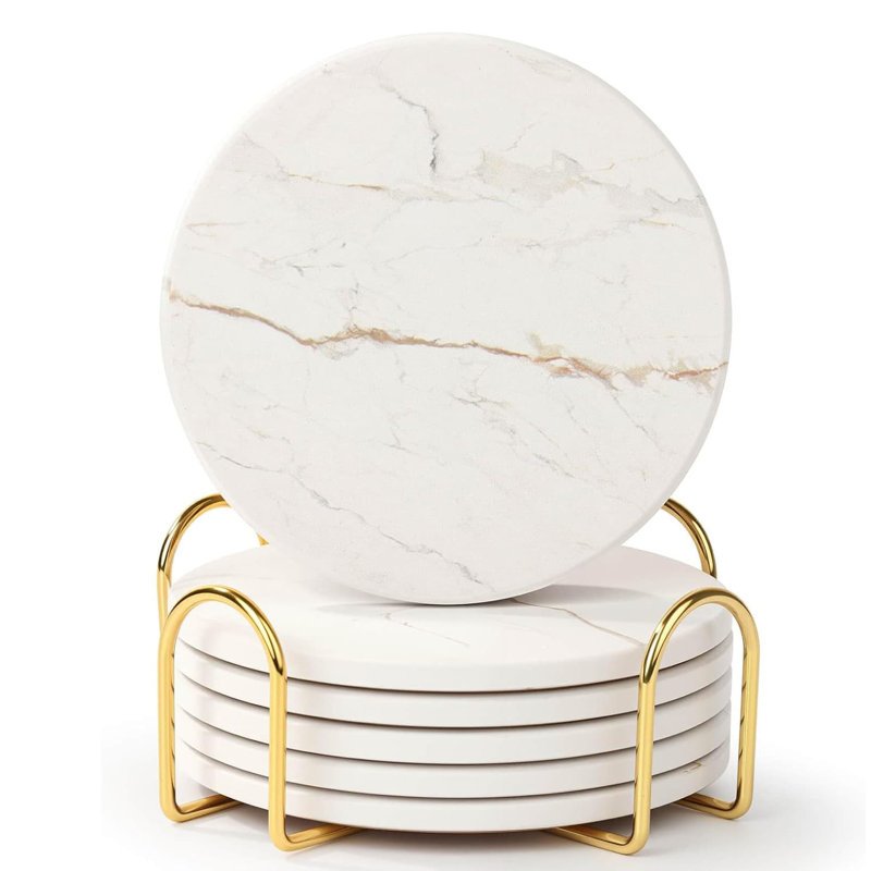 4" 6-Pack Beige Marble Style Ceramic Coasters - Absorbent Coffee Table Decor, White