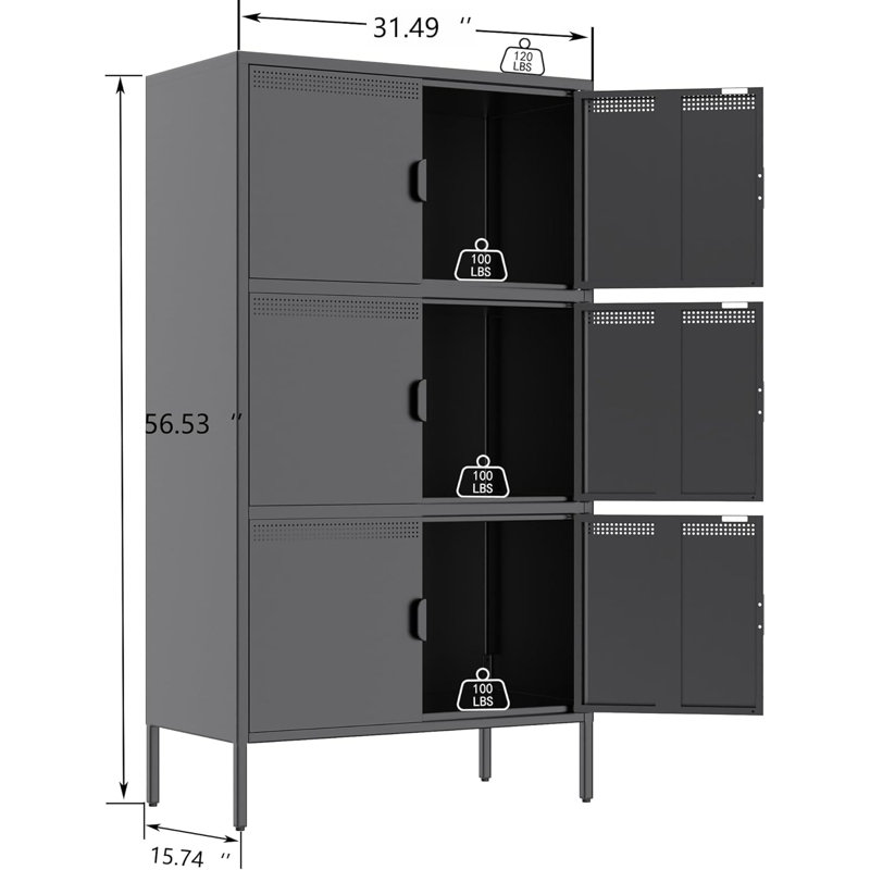 Armoire de rangement en métal, buffet de rangement, vitrine en acier avec 6 portes, Noir, noir, noir, noir