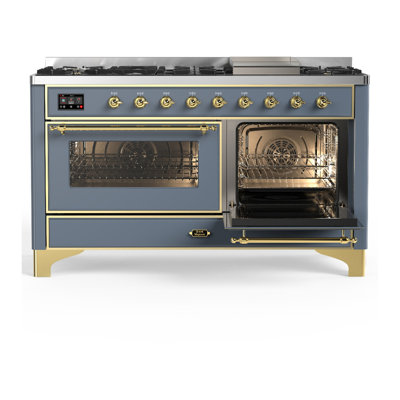 Majestic III Series 60 Inch Dual Fuel Range with 7 Sealed Burners, Griddle, in Blue Grey (Liquid Propane, Burnished Trim)