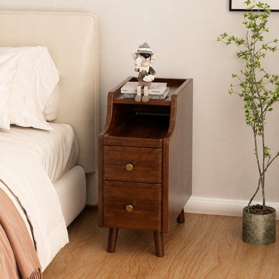 Mid Century Nightstand with Drawers, Solid Wood Bedside Table with Storage Shelf,Small Space Side Table