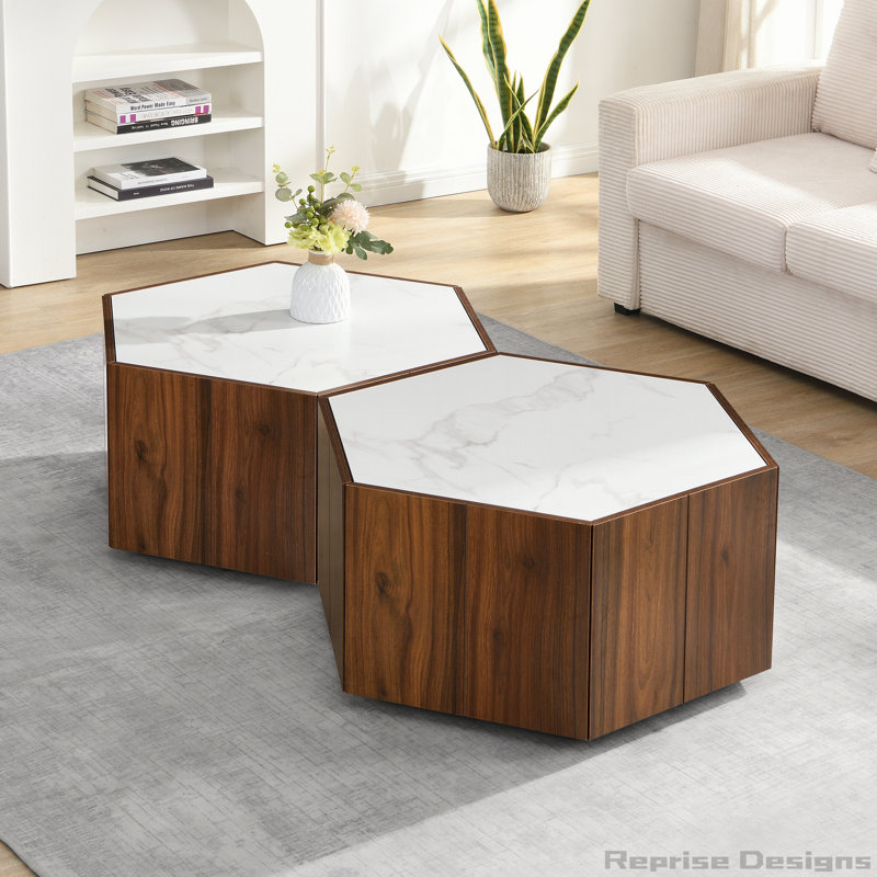 Hexagonal Retro Wood Coffee Table with 2 Hidden Drawers, Walnut, White