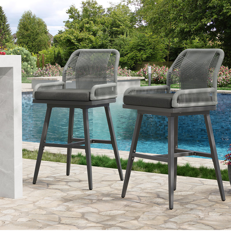 Bar Stools Set Of 2, Rattan Counter Height Bar Stools, 26" H Swivel Patio Barstools With Boho Woven Rope Back For Kitchen Patio Garden Cushions Included,