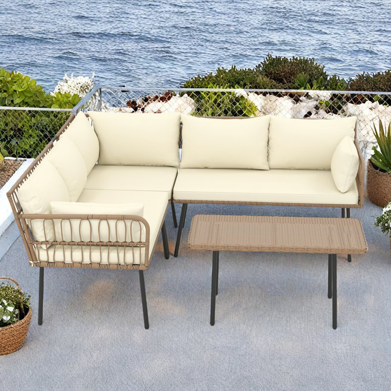 Ensemble de conversation modulaire en rotin 4 pièces avec coussins Forbell