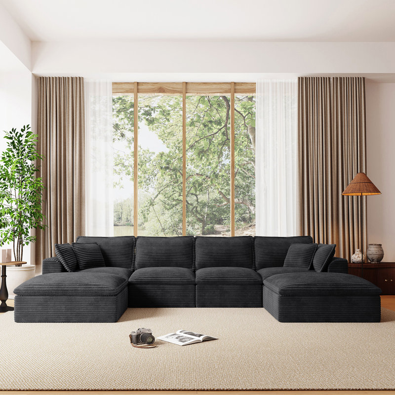 Canapé modulaire en U avec repose-pieds 142 * 82 entièrement compressé, avec largeur et profondeur supplémentaires, sans assemblage requis, pour le salon et l’appartement, 2 couleurs