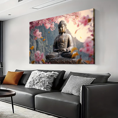 Statue dorée de Bouddha doré avec fleurs roses, grande impression sur toile tendue avec châssis pour salon et chambre à coucher