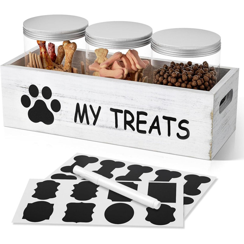 Contenant à gâterie pour chien avec comptoir à 3 pots avec rangement pour nourriture pour chiots, White 2