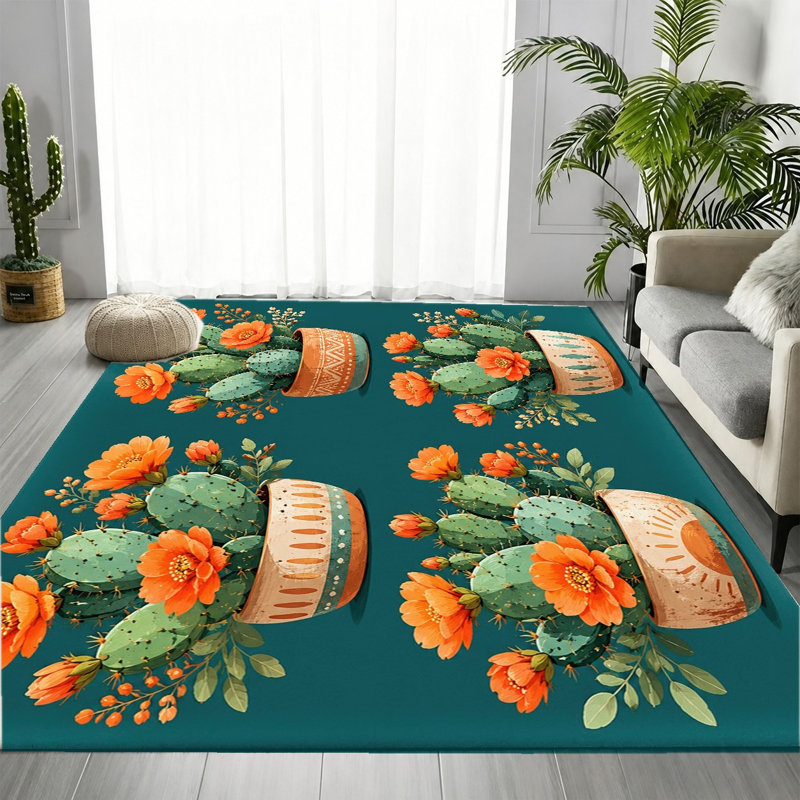 Tapis bleu sarcelle à motif artistique Southwestern, Rectangle 5 pi 3 po x 3 pi 3 po (160 x 100 cm)