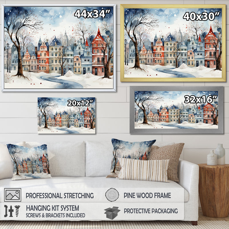«Christmas village in Winter III - Winter Landscape», art mural encadré, Cadre flottant doré, H 12 po x l 20 po x P 1 po